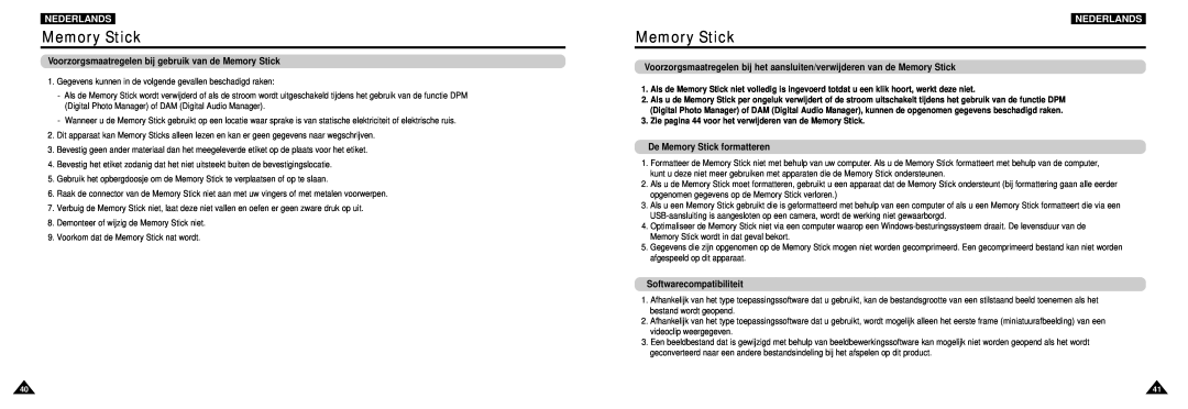 Samsung DVD-L100W manual Voorzorgsmaatregelen bij gebruik van de Memory Stick, De Memory Stick formatteren, Nederlands 