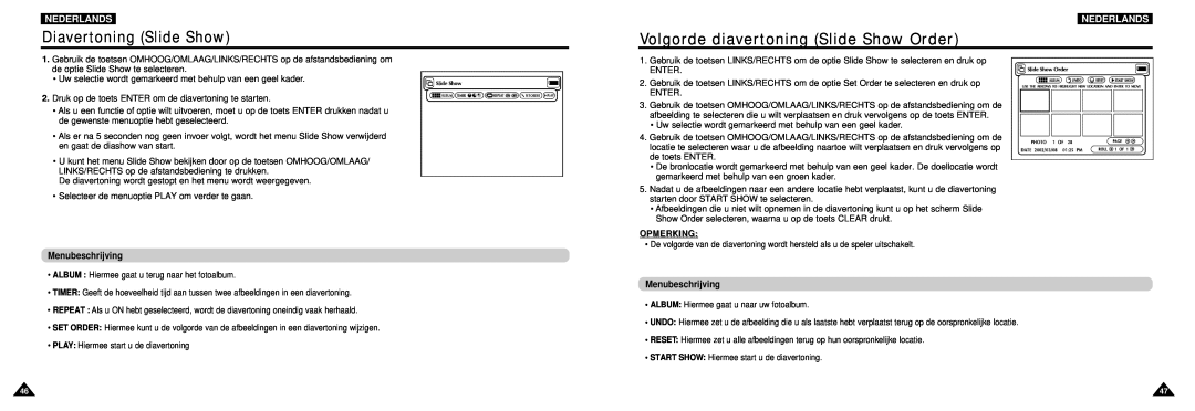 Samsung DVD-L100W manual Diavertoning Slide Show, Volgorde diavertoning Slide Show Order, Menubeschrijving, Nederlands 
