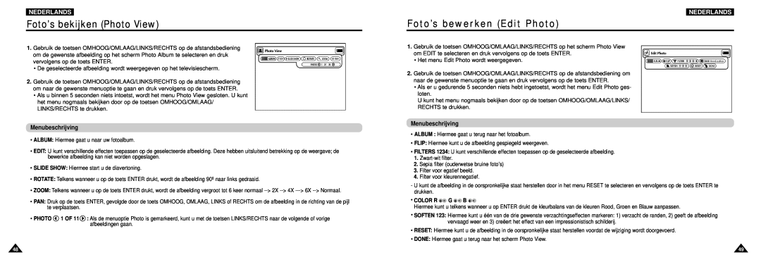 Samsung DVD-L100W manual Foto’s bekijken Photo View, Foto’s bewerken Edit Photo, Nederlands, Menubeschrijving 