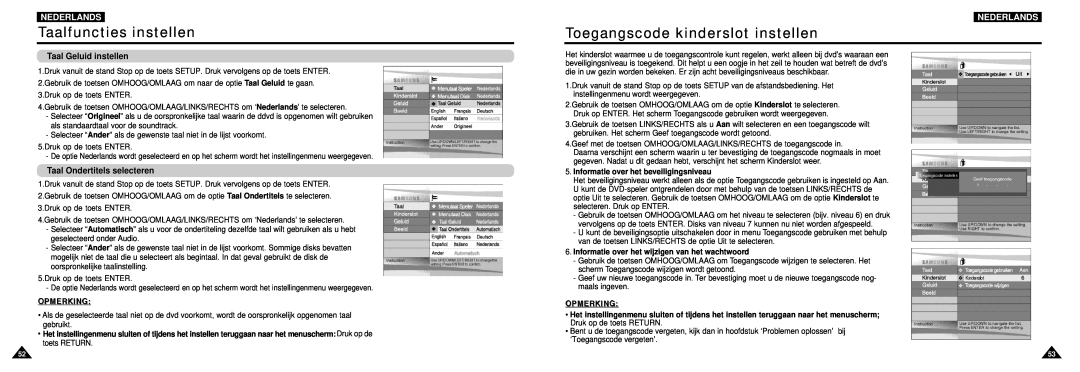 Samsung DVD-L100W manual Toegangscode kinderslot instellen, Taal Geluid instellen, Taal Ondertitels selecteren, Nederlands 