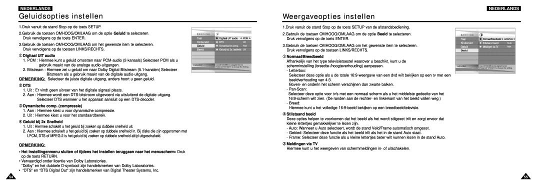 Samsung DVD-L100W manual Geluidsopties instellen, Weergaveopties instellen, Nederlands, ① Digitaal UIT audio, ② DTS 