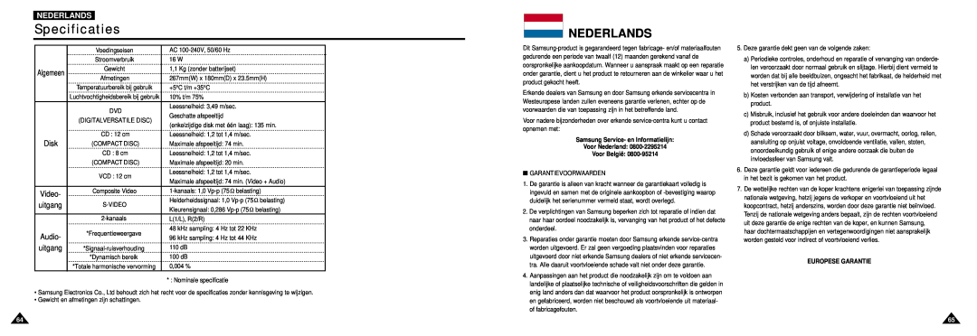 Samsung DVD-L100W manual Specificaties, Nederlands 