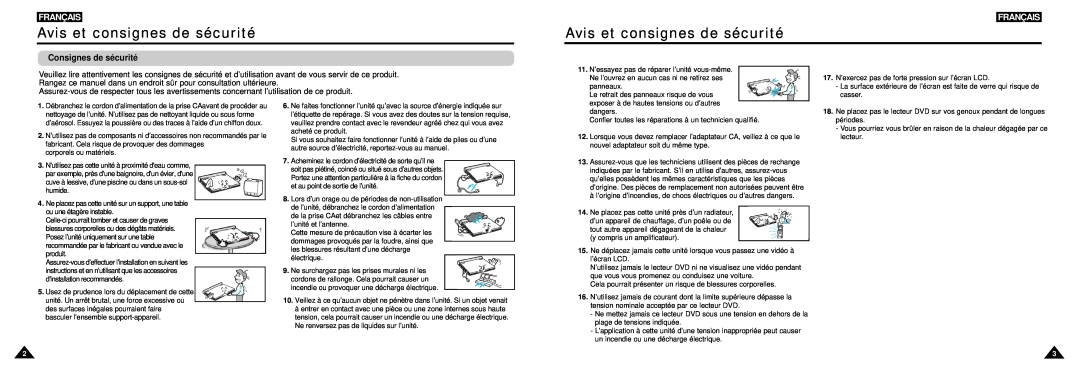 Samsung DVD-L100W manual Avis et consignes de sécurité, Français, Consignes de sécurité 
