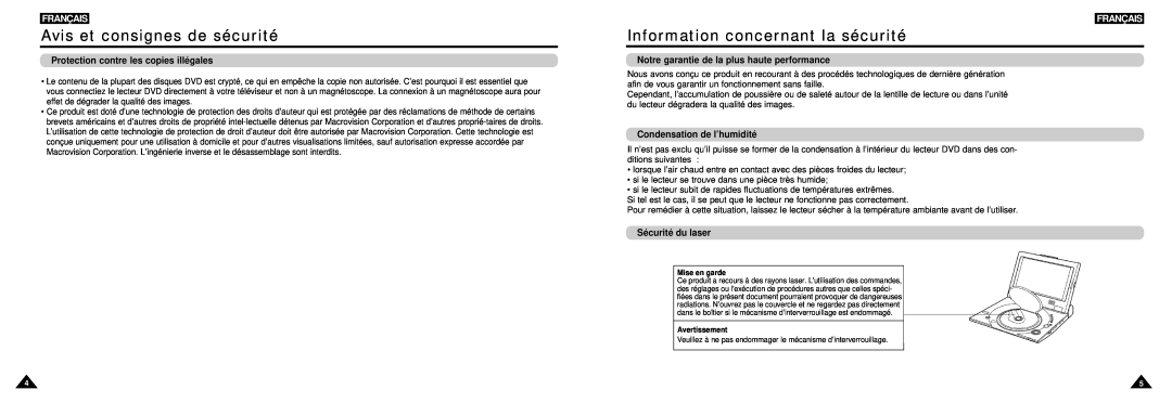 Samsung DVD-L100W Information concernant la sécurité, Protection contre les copies illégales, Condensation de l’humidité 