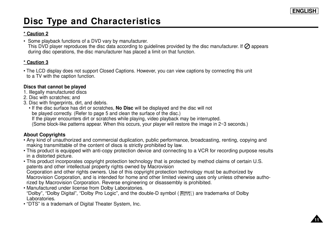 Samsung DVD-L1200 manual Discs that cannot be played, About Copyrights 