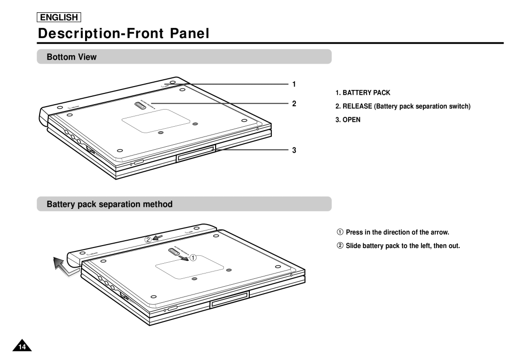 Samsung DVD-L1200 manual Bottom View, Battery pack separation method 