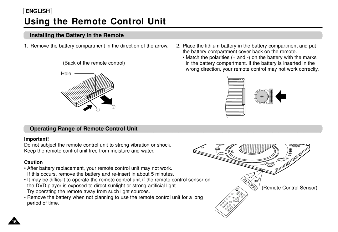 Samsung DVD-L1200 manual Using the Remote Control Unit, Installing the Battery in the Remote 