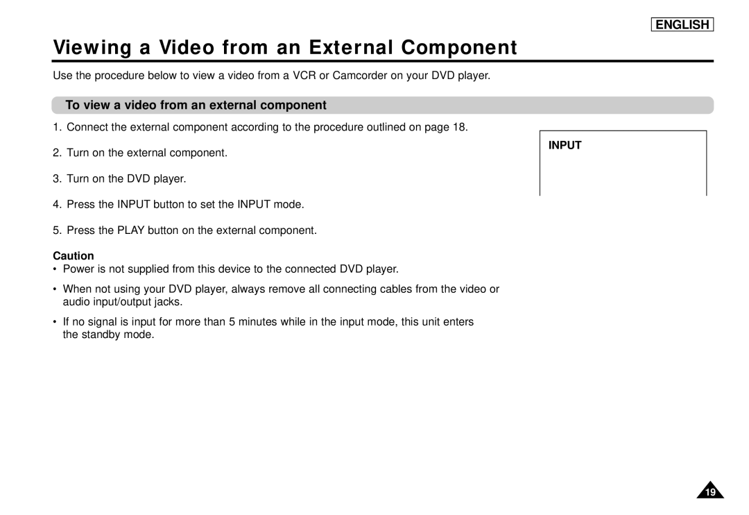 Samsung DVD-L1200 manual Viewing a Video from an External Component, To view a video from an external component 