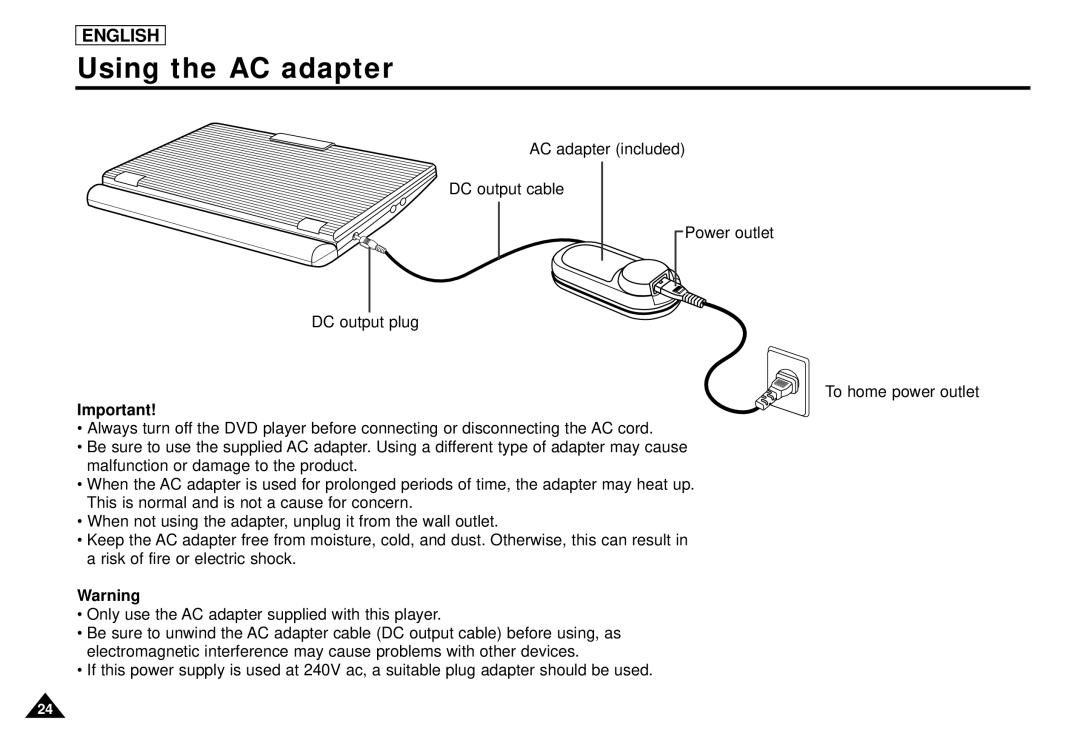 Samsung DVD-L1200 manual Using the AC adapter 