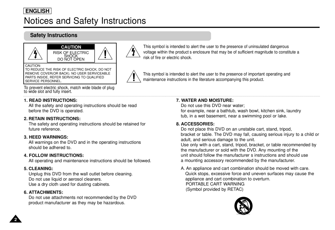 Samsung DVD-L1200 manual English, Safety Instructions 