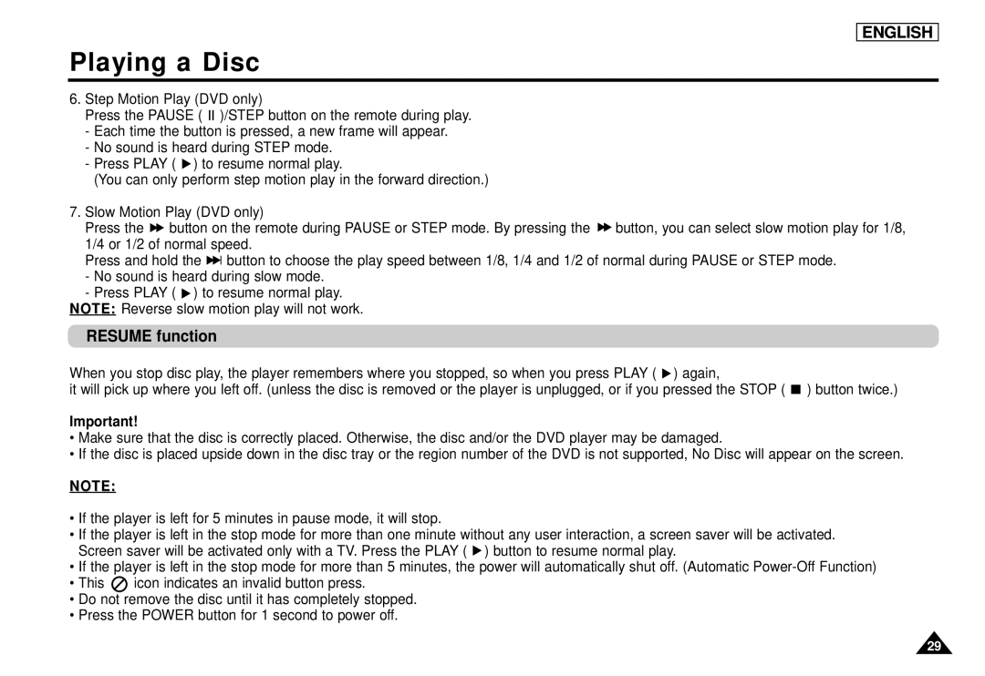 Samsung DVD-L1200 manual Resume function 