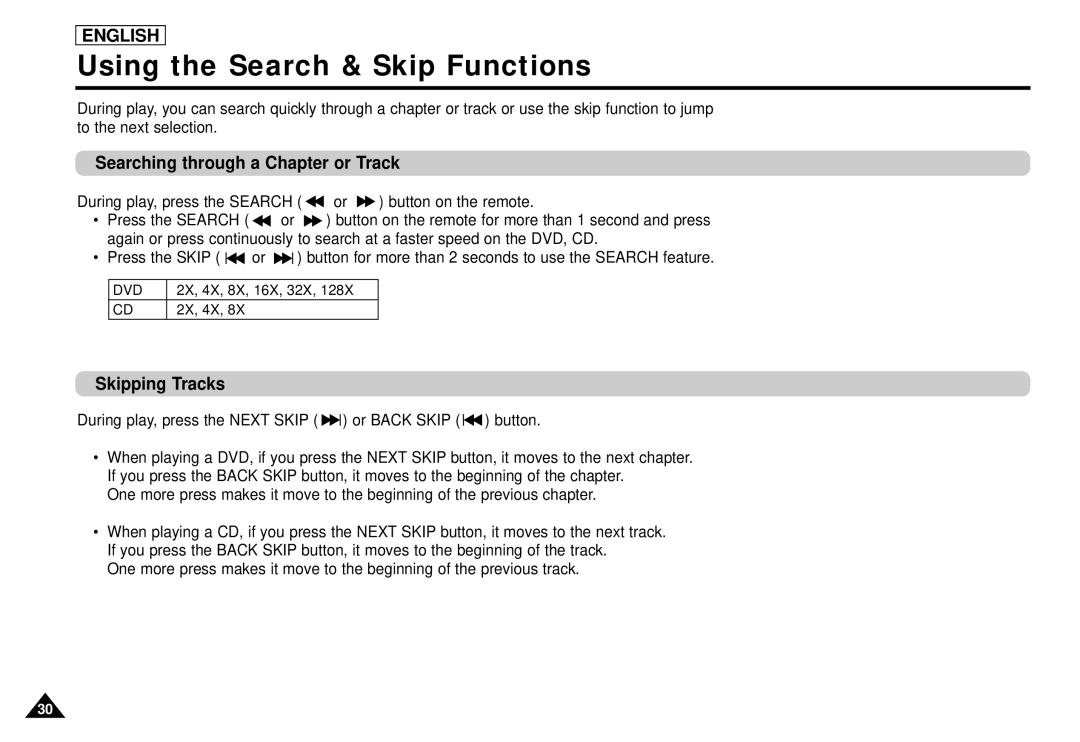 Samsung DVD-L1200 manual Using the Search & Skip Functions, Searching through a Chapter or Track, Skipping Tracks 