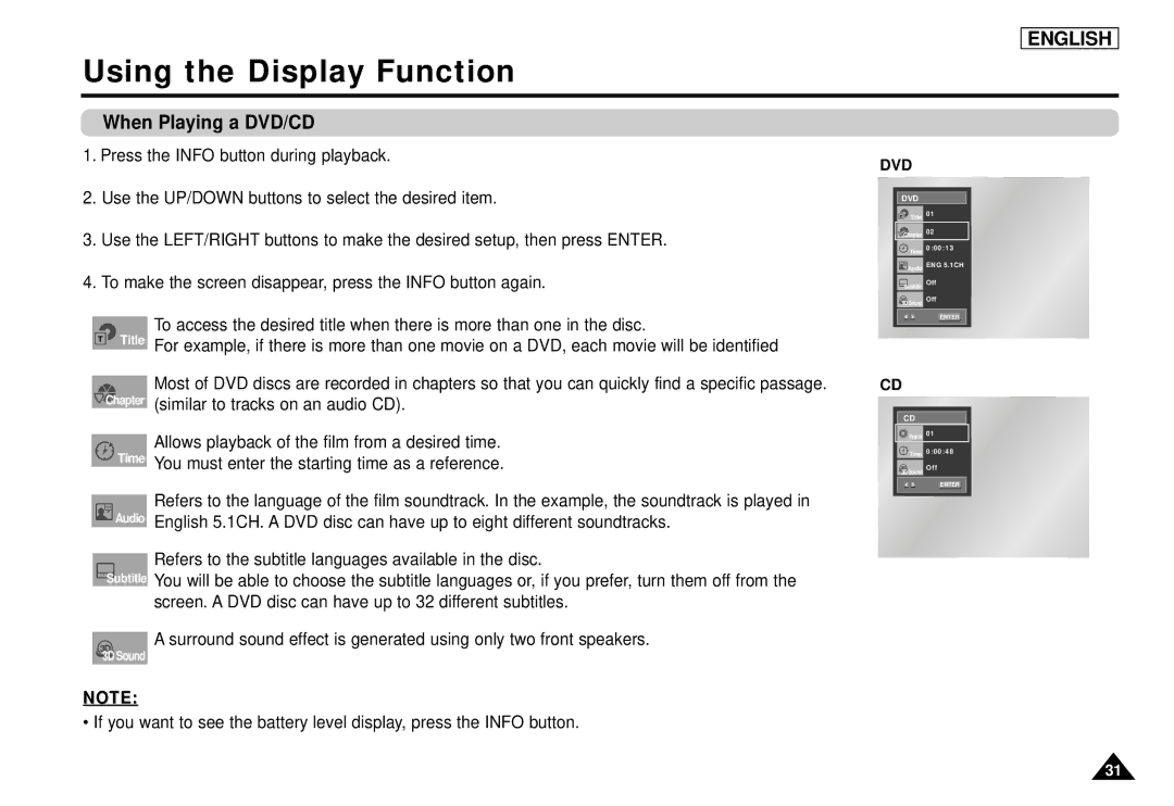 Samsung DVD-L1200 manual Using the Display Function, When Playing a DVD/CD 