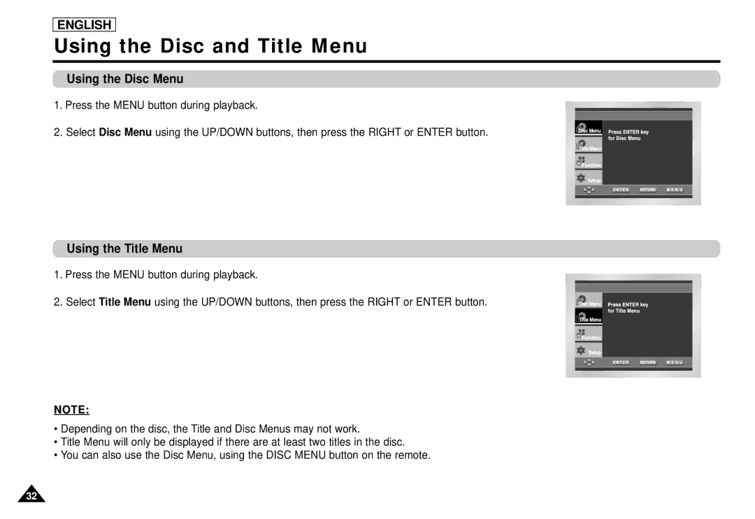 Samsung DVD-L1200 manual Using the Disc and Title Menu, Using the Disc Menu, Using the Title Menu 