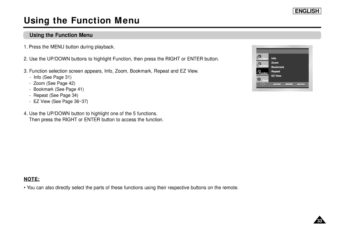 Samsung DVD-L1200 manual Using the Function Menu 