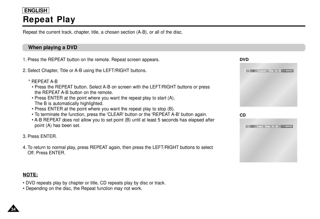 Samsung DVD-L1200 manual Repeat Play, When playing a DVD 