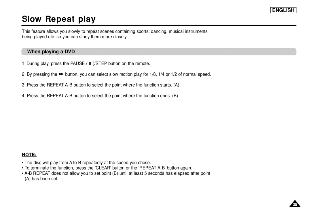 Samsung DVD-L1200 manual Slow Repeat play 