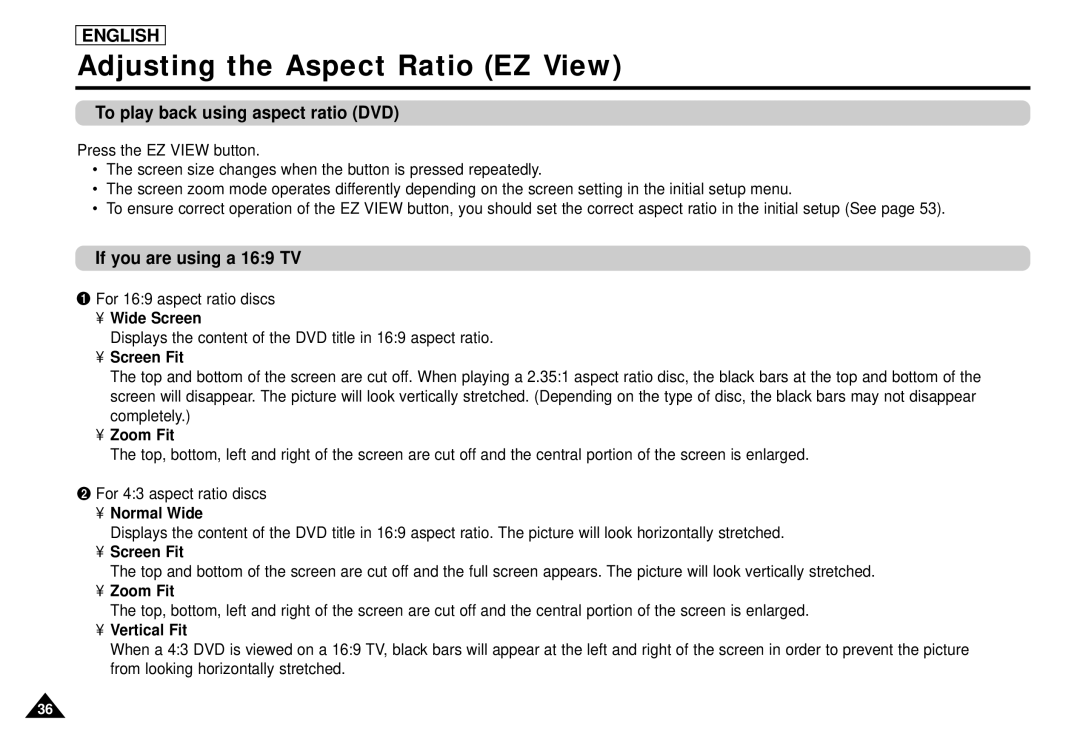 Samsung DVD-L1200 manual Adjusting the Aspect Ratio EZ View, To play back using aspect ratio DVD, If you are using a 169 TV 