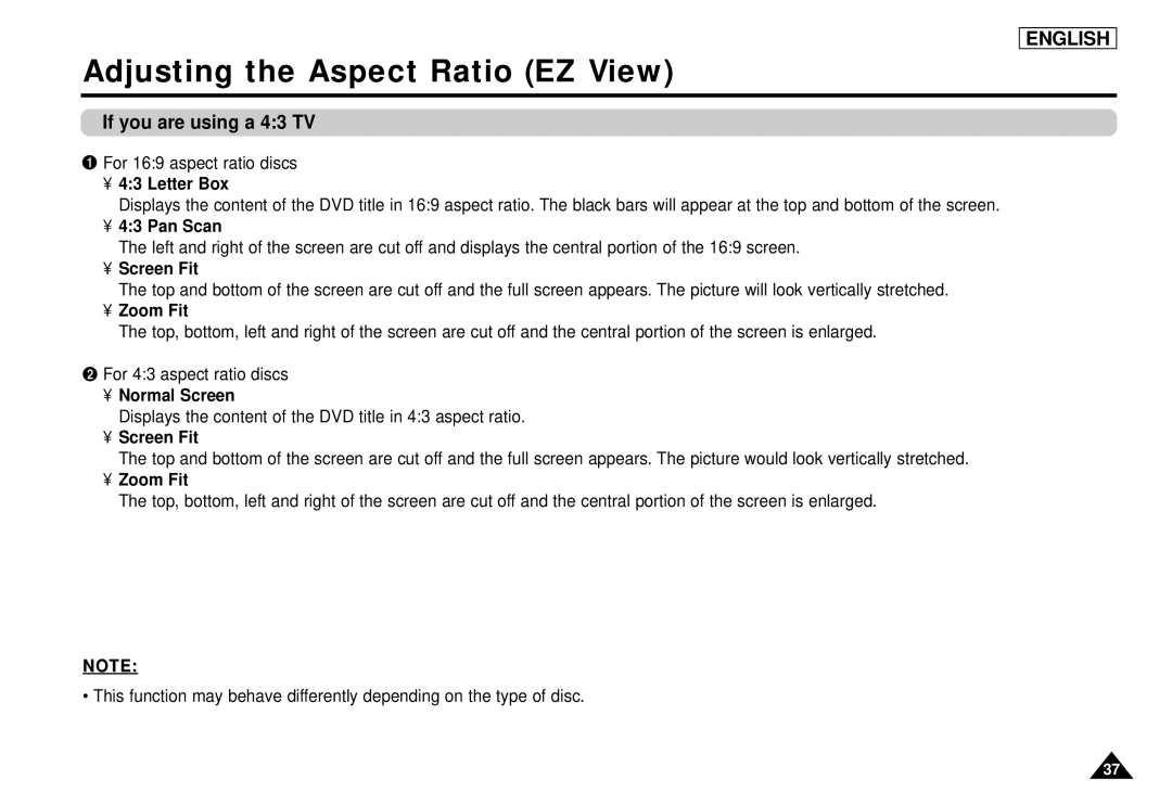 Samsung DVD-L1200 manual If you are using a 43 TV, Letter Box, Pan Scan, Normal Screen 