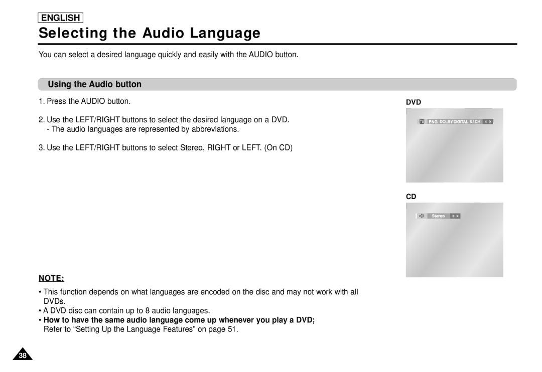 Samsung DVD-L1200 manual Selecting the Audio Language, Using the Audio button, Press the Audio button 