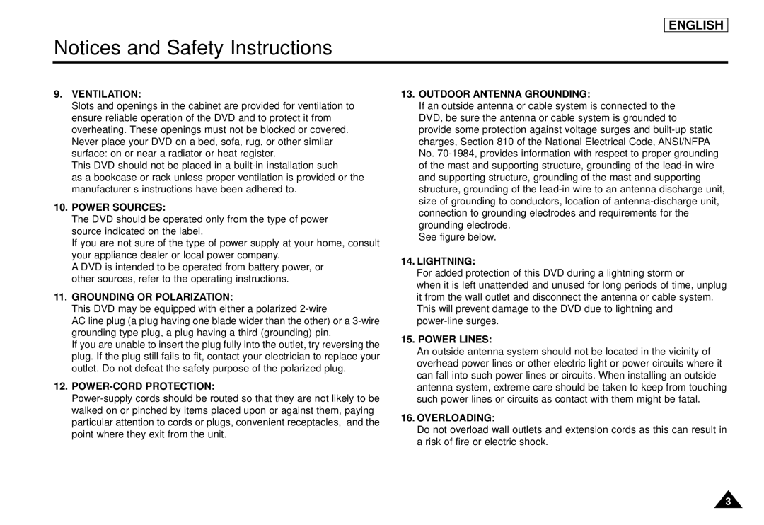 Samsung DVD-L1200 manual Ventilation 