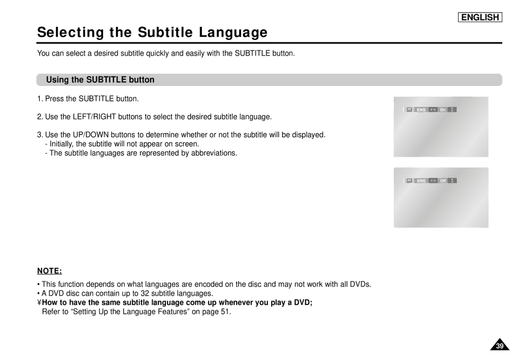 Samsung DVD-L1200 manual Selecting the Subtitle Language, Using the Subtitle button 