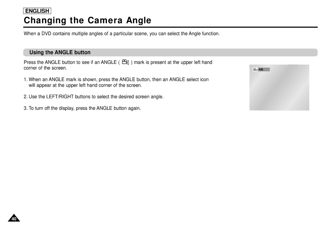 Samsung DVD-L1200 manual Changing the Camera Angle, Using the Angle button 