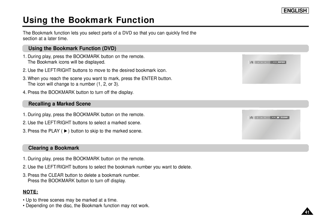 Samsung DVD-L1200 manual Using the Bookmark Function DVD, Recalling a Marked Scene, Clearing a Bookmark 