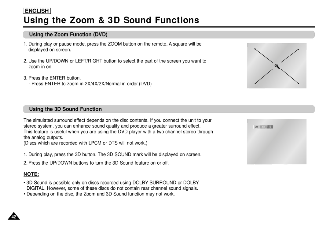 Samsung DVD-L1200 manual Using the Zoom & 3D Sound Functions, Using the Zoom Function DVD, Using the 3D Sound Function 