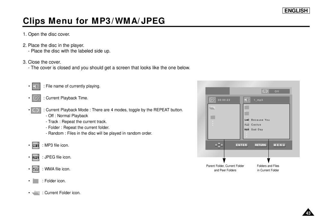 Samsung DVD-L1200 manual Clips Menu for MP3/WMA/JPEG 