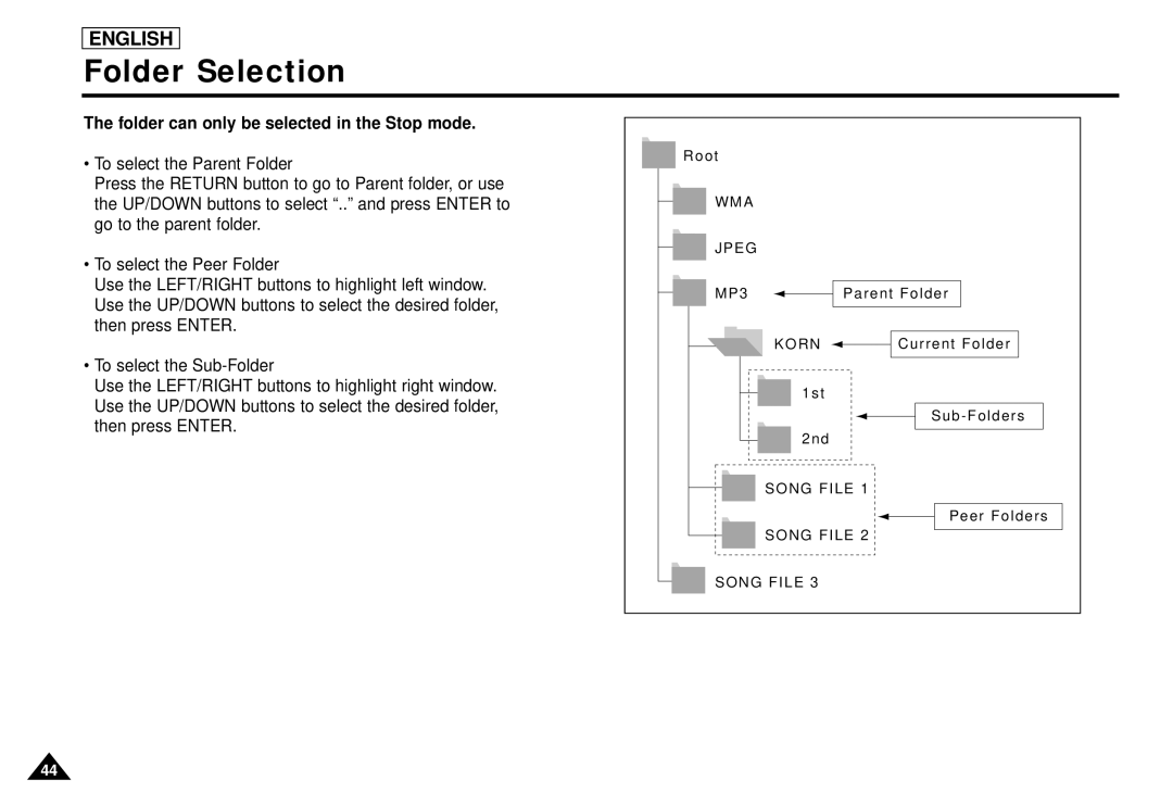 Samsung DVD-L1200 manual Folder Selection, Folder can only be selected in the Stop mode 