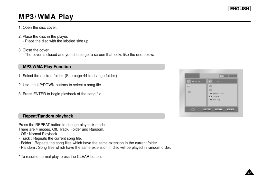 Samsung DVD-L1200 manual MP3/WMA Play Function, Repeat/Random playback 