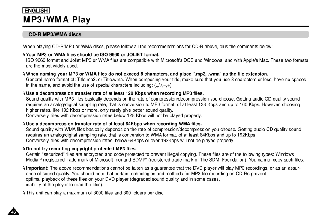 Samsung DVD-L1200 manual CD-R MP3/WMA discs, Your MP3 or WMA files should be ISO 9660 or Joliet format 