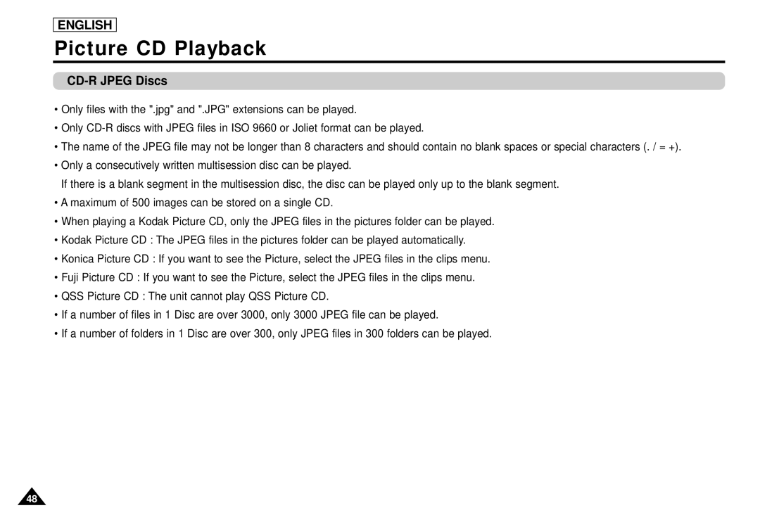 Samsung DVD-L1200 manual CD-R Jpeg Discs 