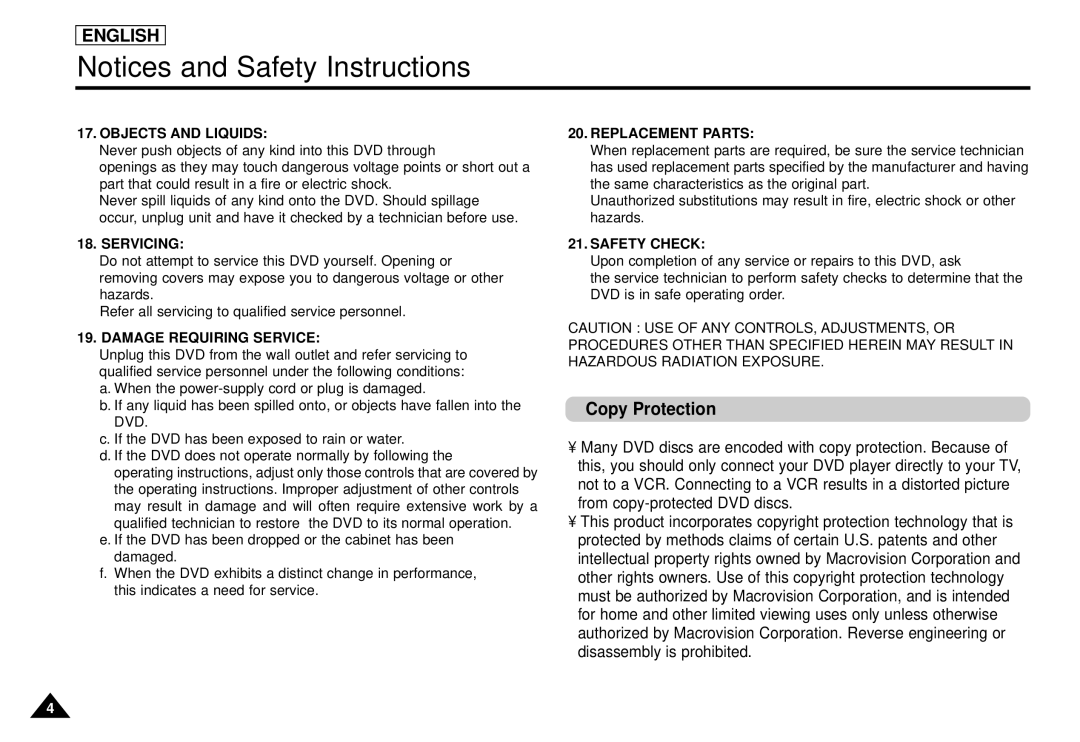 Samsung DVD-L1200 manual Copy Protection, Objects and Liquids 