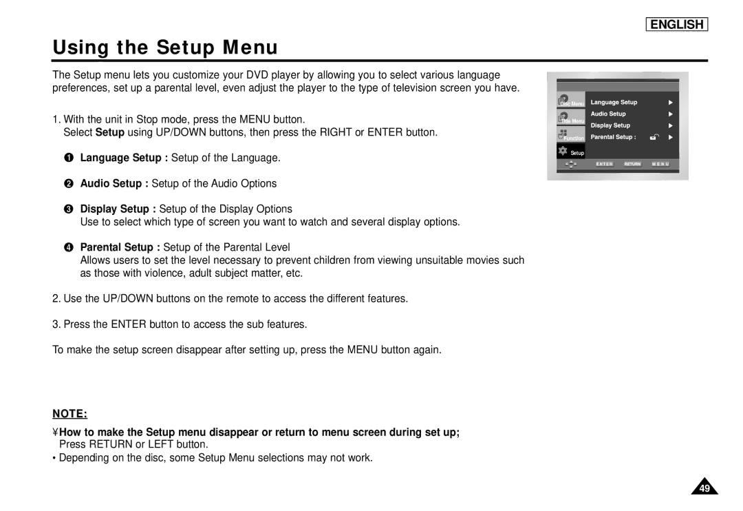 Samsung DVD-L1200 manual Using the Setup Menu 