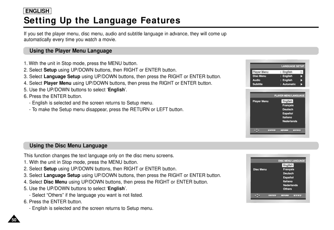 Samsung DVD-L1200 manual Setting Up the Language Features, Using the Player Menu Language, Using the Disc Menu Language 