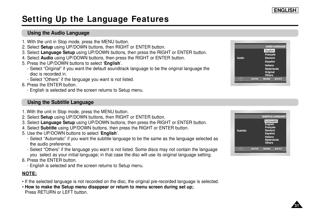 Samsung DVD-L1200 manual Using the Audio Language, Using the Subtitle Language 