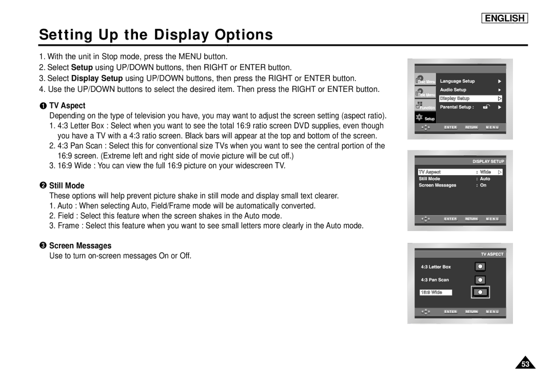 Samsung DVD-L1200 manual Setting Up the Display Options, TV Aspect, Still Mode, Screen Messages 