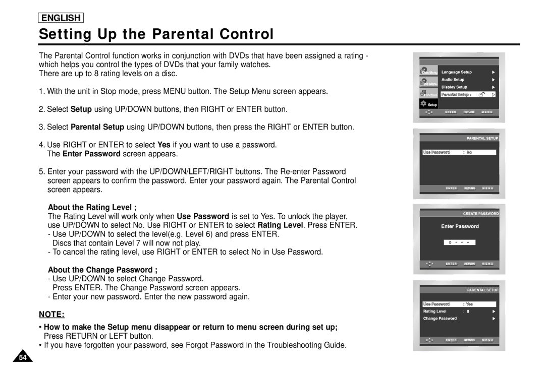 Samsung DVD-L1200 manual Setting Up the Parental Control, About the Rating Level, About the Change Password 