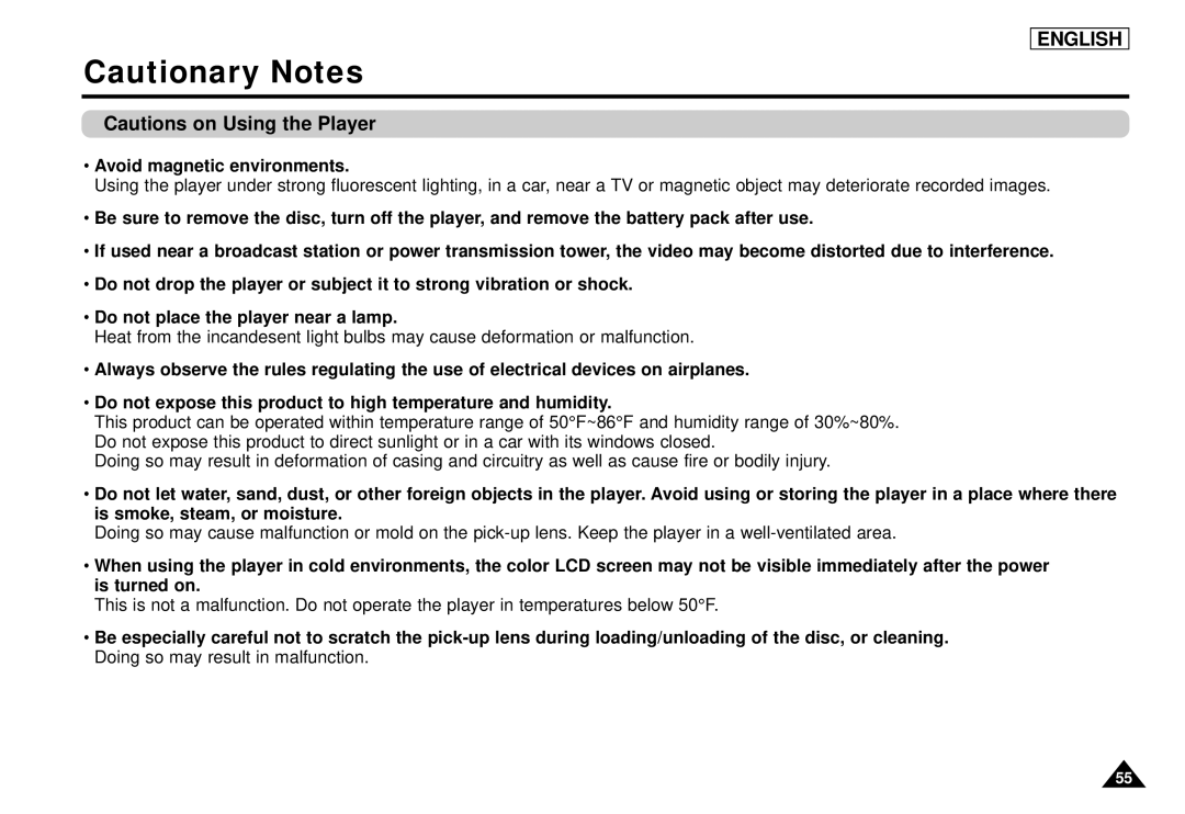 Samsung DVD-L1200 manual Avoid magnetic environments 