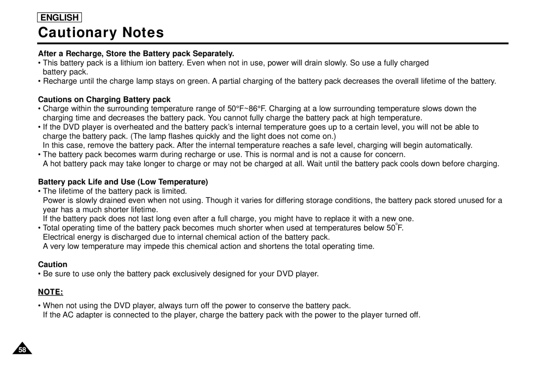 Samsung DVD-L1200 manual After a Recharge, Store the Battery pack Separately, Battery pack Life and Use Low Temperature 