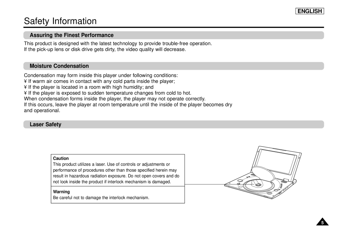 Samsung DVD-L1200 manual Safety Information, Assuring the Finest Performance, Moisture Condensation, Laser Safety 