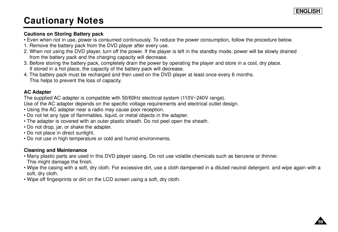 Samsung DVD-L1200 manual AC Adapter, Cleaning and Maintenance 