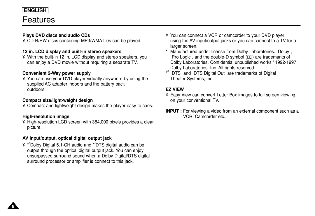 Samsung DVD-L1200 manual Features 