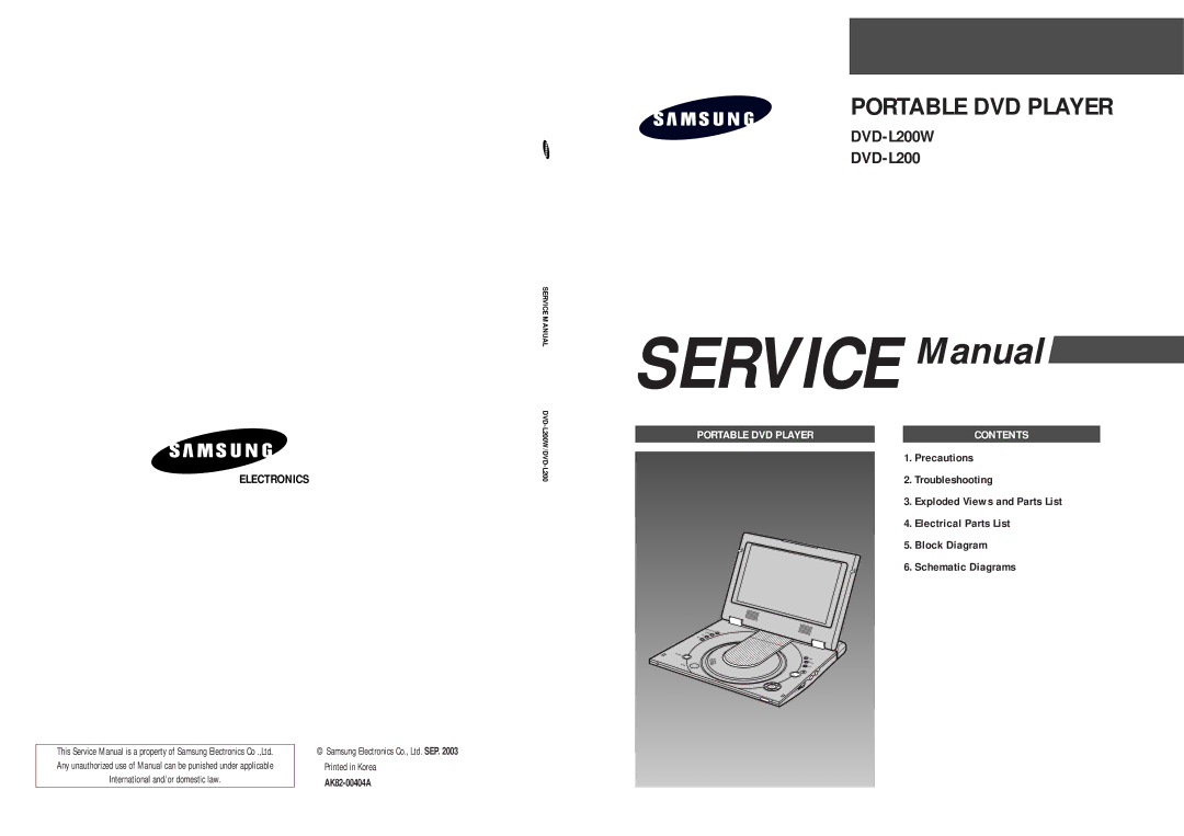 Samsung DVD-L200W service manual Portable DVD Player 