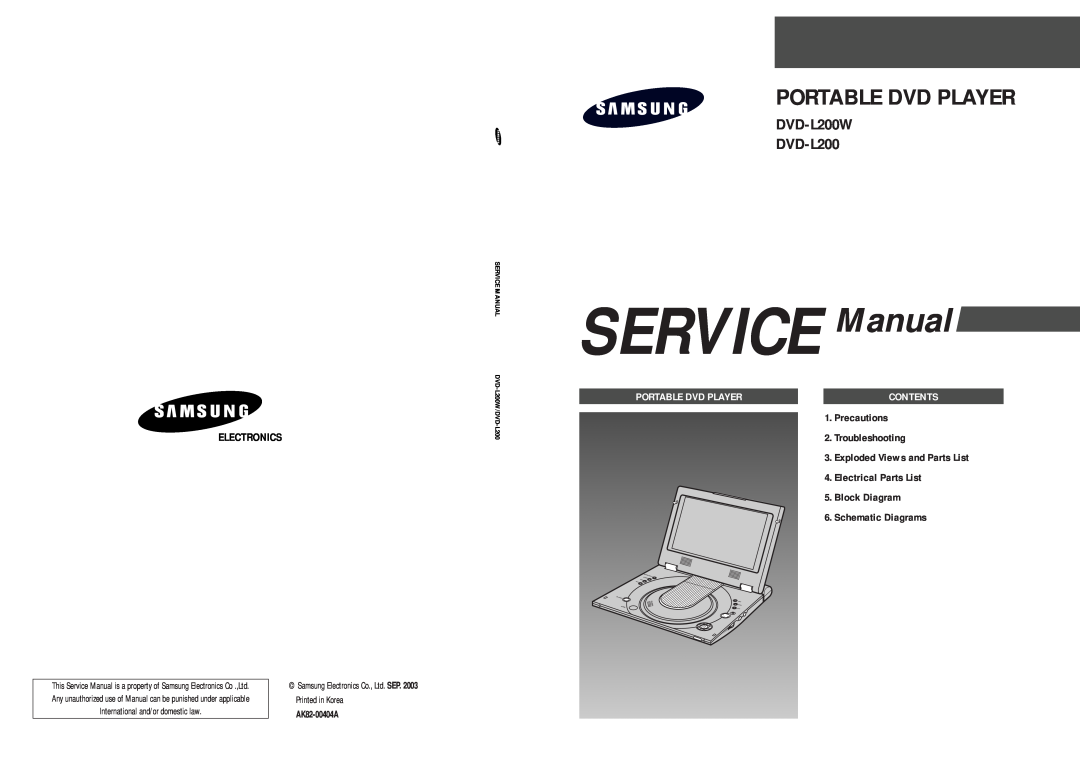 Samsung service manual SERVICE Manual, Portable Dvd Player, DVD-L200W DVD-L200, Contents, Electronics, AK82-00404A 