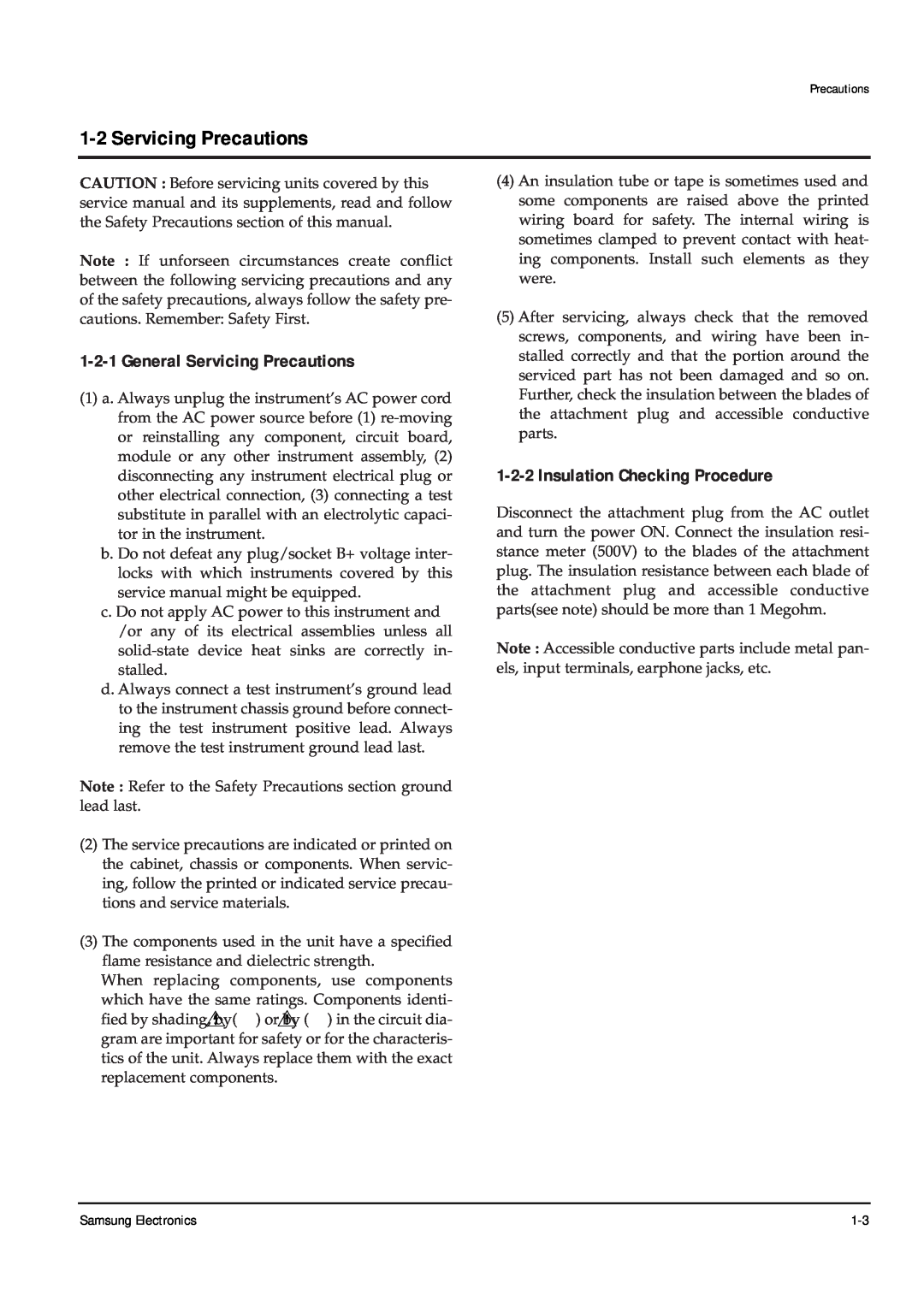 Samsung DVD-L200W service manual General Servicing Precautions, Insulation Checking Procedure 