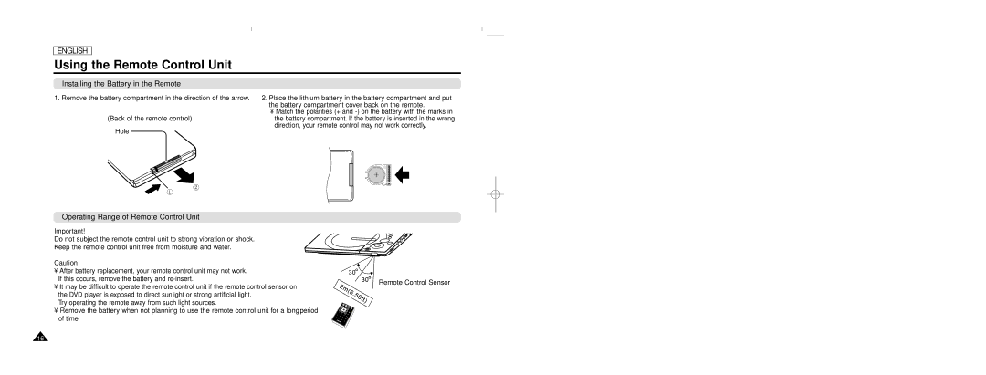 Samsung DVD-L70, DVD-L75 manual Using the Remote Control Unit, Installing the Battery in the Remote 