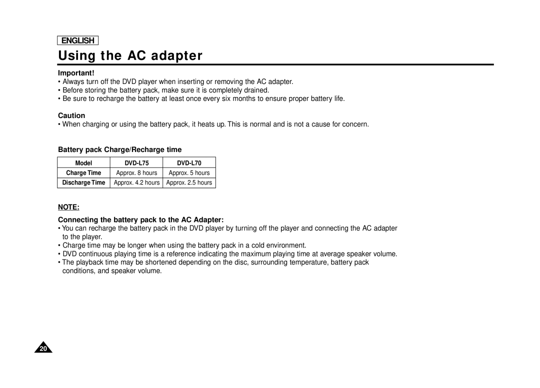 Samsung DVD-L70, DVD-L75 manual Battery pack Charge/Recharge time, Connecting the battery pack to the AC Adapter 